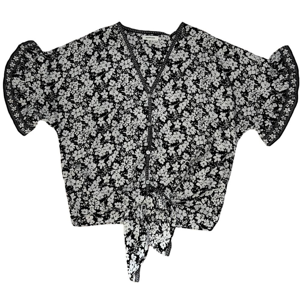 Max Studio Floral Bell Sleeve Waist Tie Black & White Top Medium